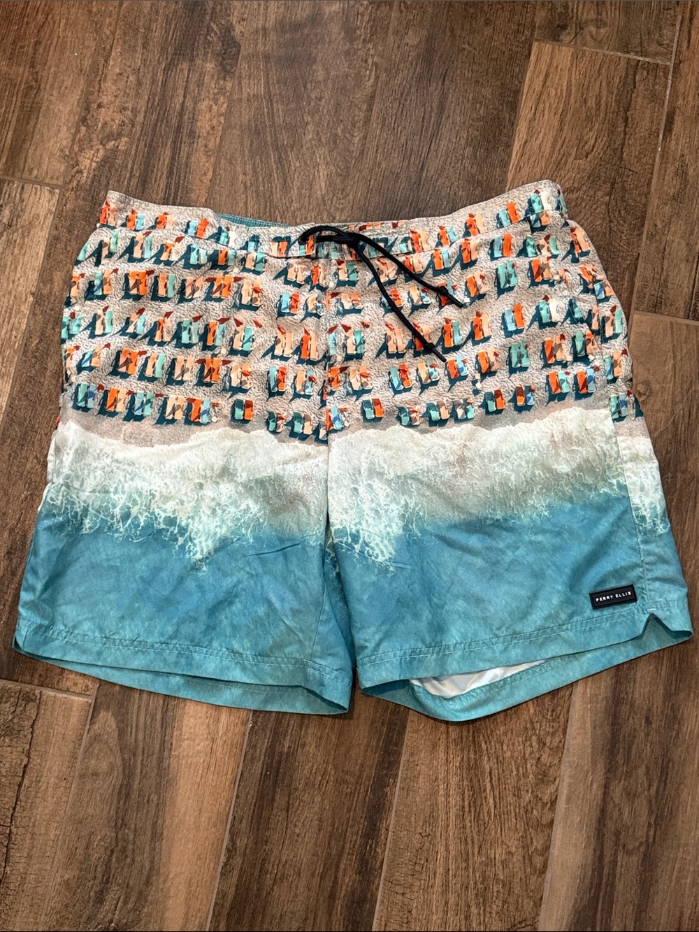 Perry Ellis Aqua Beach Print Hybrid Shorts with Orange Accents